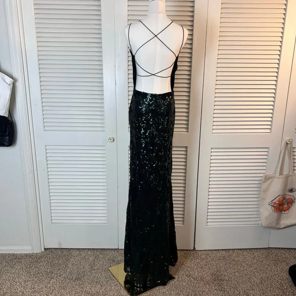 Windsor Emerald Green Sequin Maxi Dress Medium Open Back Formal Gown - Picture 4 of 13